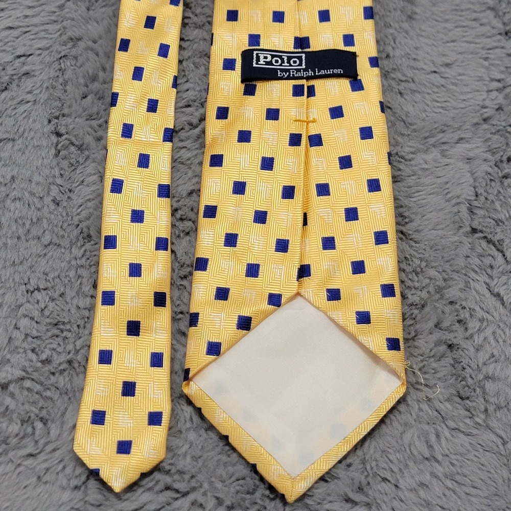 Polo Ralph Lauren Tie Mens Yellow Blue Geometric Silk 60" Necktie Hand Made USA